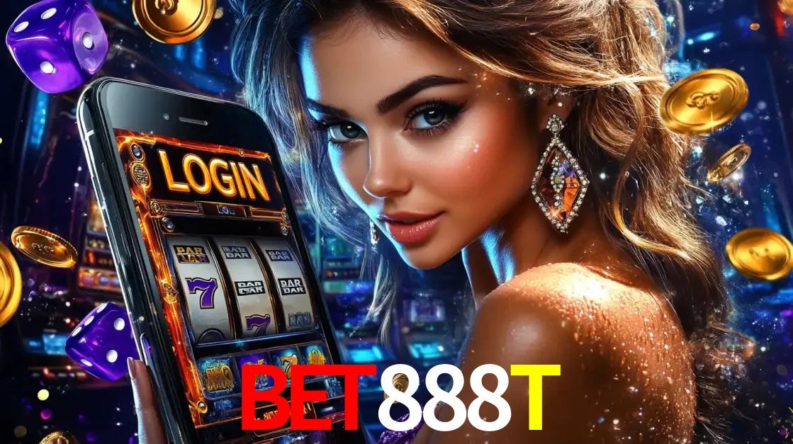 Mulher glamorosa segurando um smartphone com a tela de login para os jogos de caça-níqueis do cassino online BET888T, com moedas de ouro e dados ao redor.