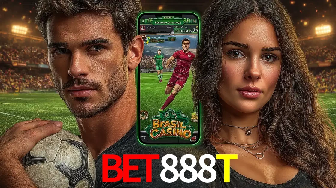 Homem segurando uma bola de futebol e uma mulher ao lado de um smartphone exibindo o jogo de apostas esportivas da BET888T. Faça seu palpite no cassino online.